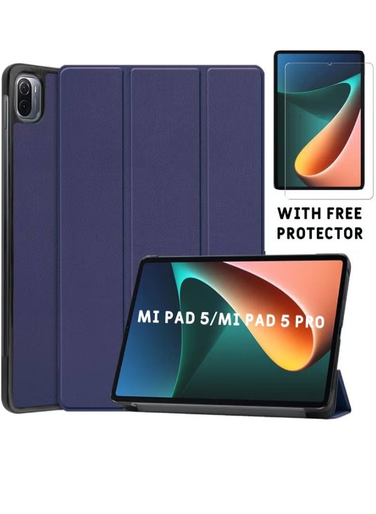Dreamzon Protective Tri fold Slim Lightweight Hard Shell Smart Cover With Tempered Glass Screen Protector For Xiaomi Pad 5 / 5 Pro 11 Inch Blue
