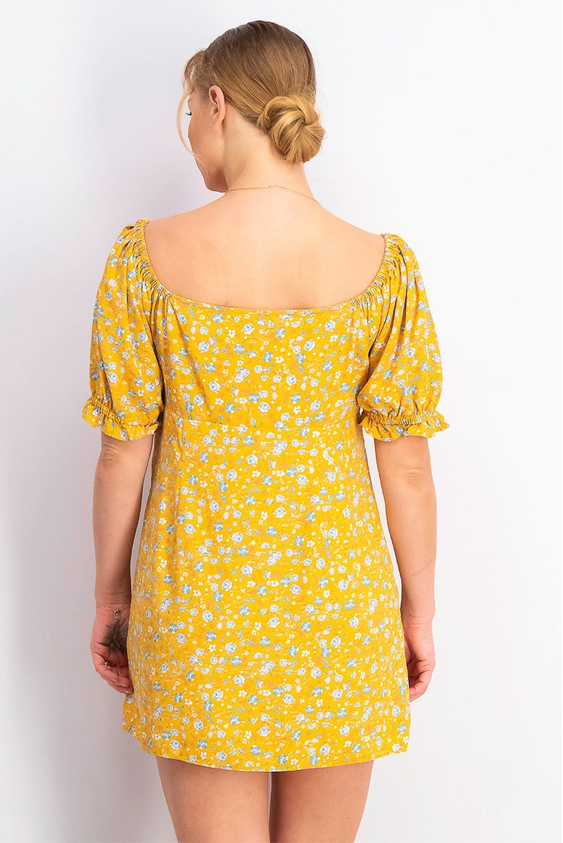 Miss Selfridge Women Petite Off Shoulder Printed Mini Dress, Yellow - Image 3