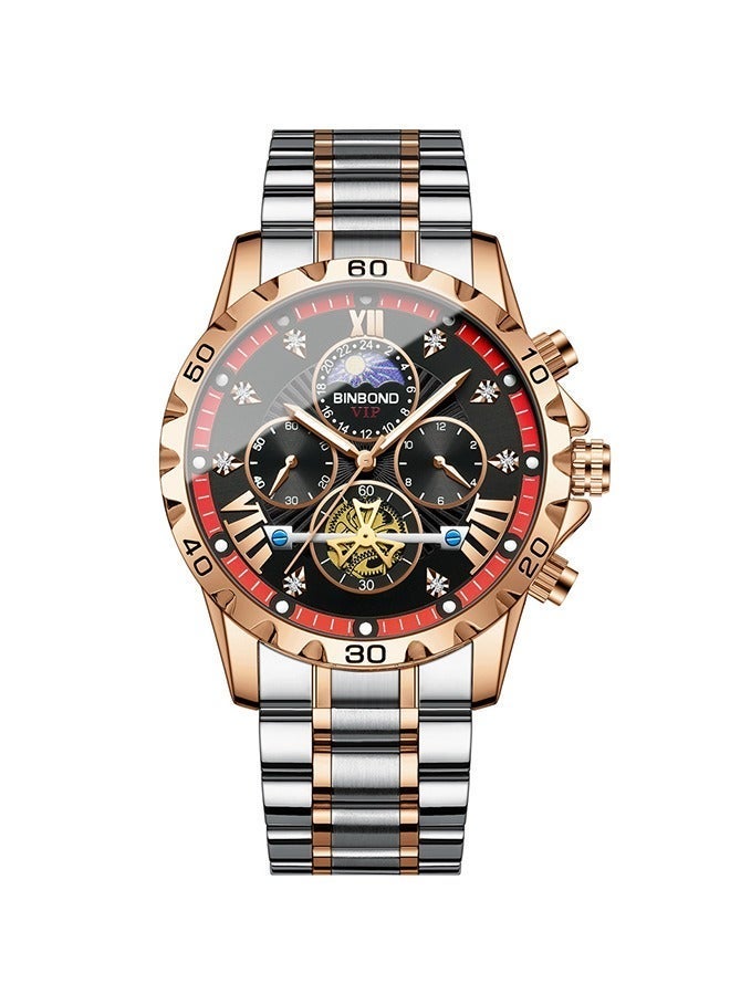 BINBOND Watches Men's Chronograph Watch, Rose Gold Stainless Steel Band, Black Dial Tourbillon Luminous Wristwatch - Image 1