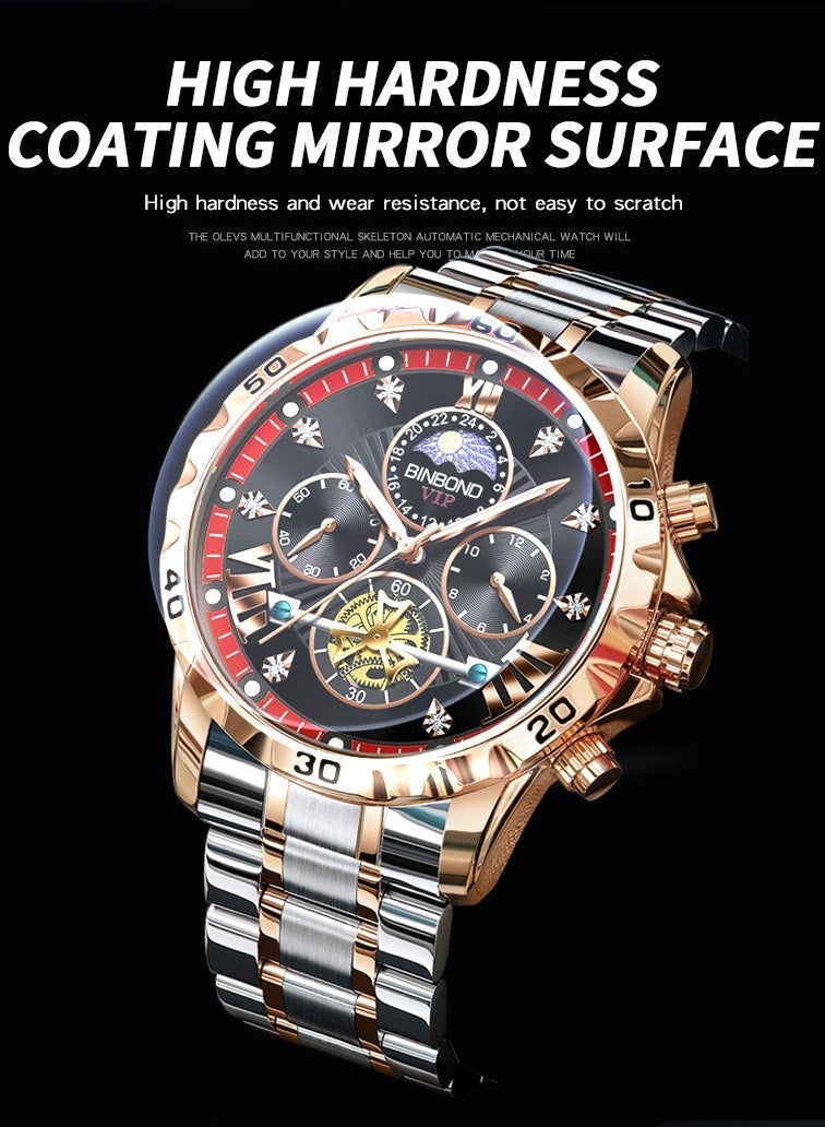 BINBOND Watches Men's Chronograph Watch, Rose Gold Stainless Steel Band, Black Dial Tourbillon Luminous Wristwatch - Image 2