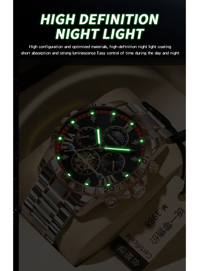 BINBOND Watches Men's Chronograph Watch, Rose Gold Stainless Steel Band, Black Dial Tourbillon Luminous Wristwatch - Image 3