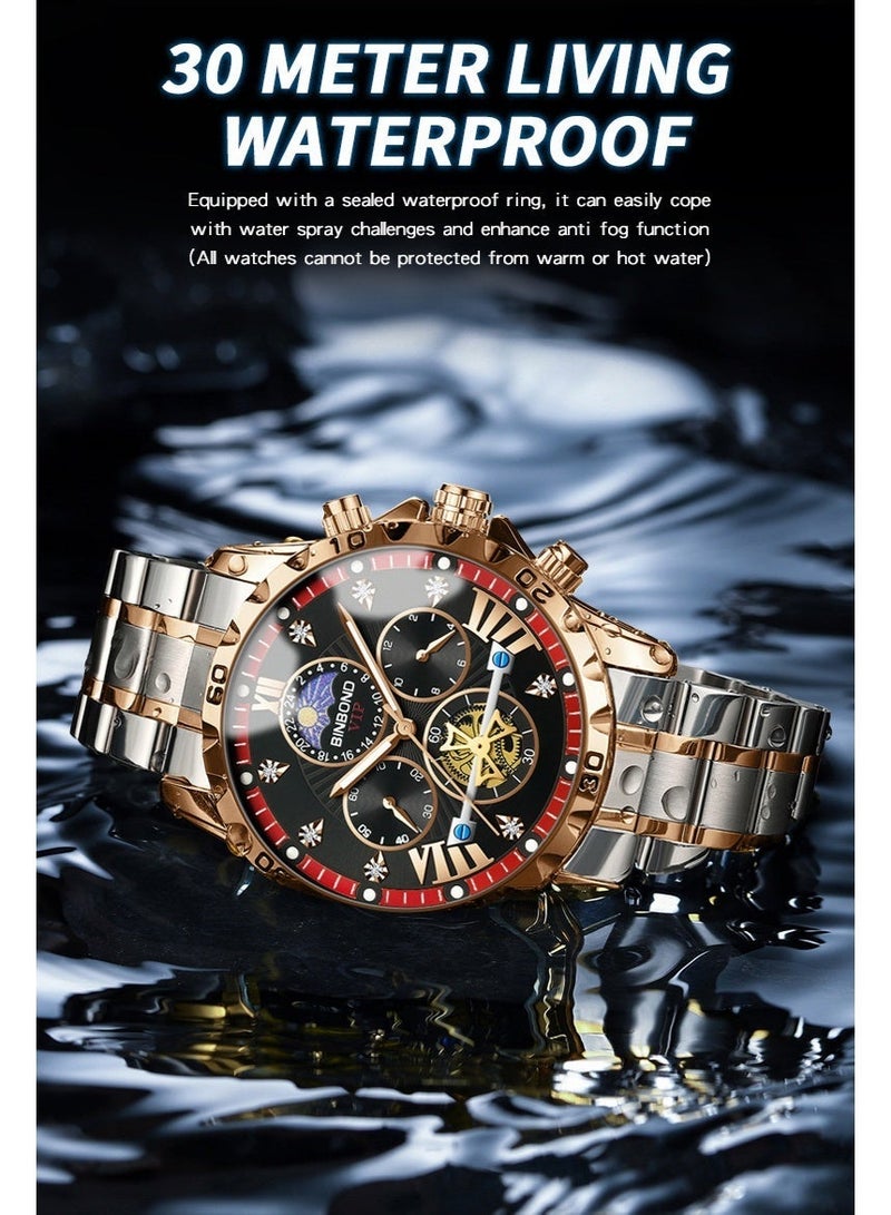 BINBOND Watches Men's Chronograph Watch, Rose Gold Stainless Steel Band, Black Dial Tourbillon Luminous Wristwatch - Image 4