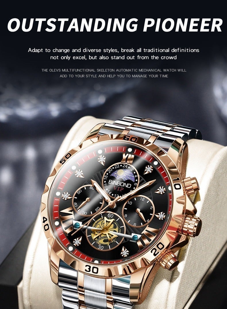 BINBOND Watches Men's Chronograph Watch, Rose Gold Stainless Steel Band, Black Dial Tourbillon Luminous Wristwatch - Image 5