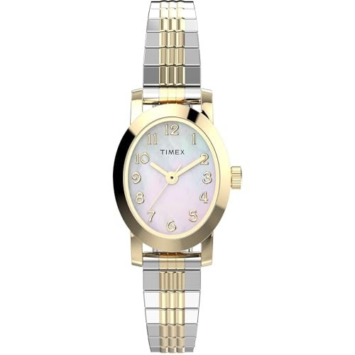 TIMEX ساعة تيمكس للنساء كافاتينا 18 مم - حزام توتون موسع بقرص من لؤلؤة الأم وعلبة بلون ذهبي - Image 1