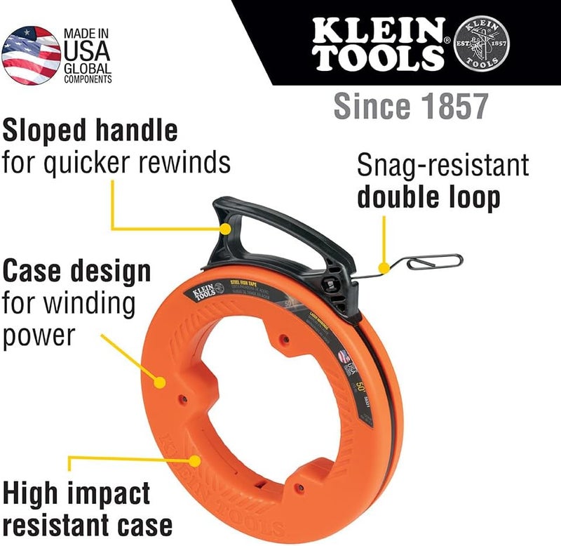 Klein Tools 56331 50-Foot Electrical Fish Tape, Steel Wire Puller with Double Loop Tip, Optimized Housing and Handle, 1/8-Inch - Image 2