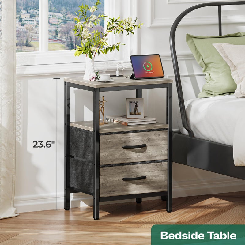 Huuger Nightstand with Charging Station, Fabric Drawers, End Table with Open Shelf, Bedside Table with USB Ports and Outlets, Night Stand for Bedroom, Oak - Image 2