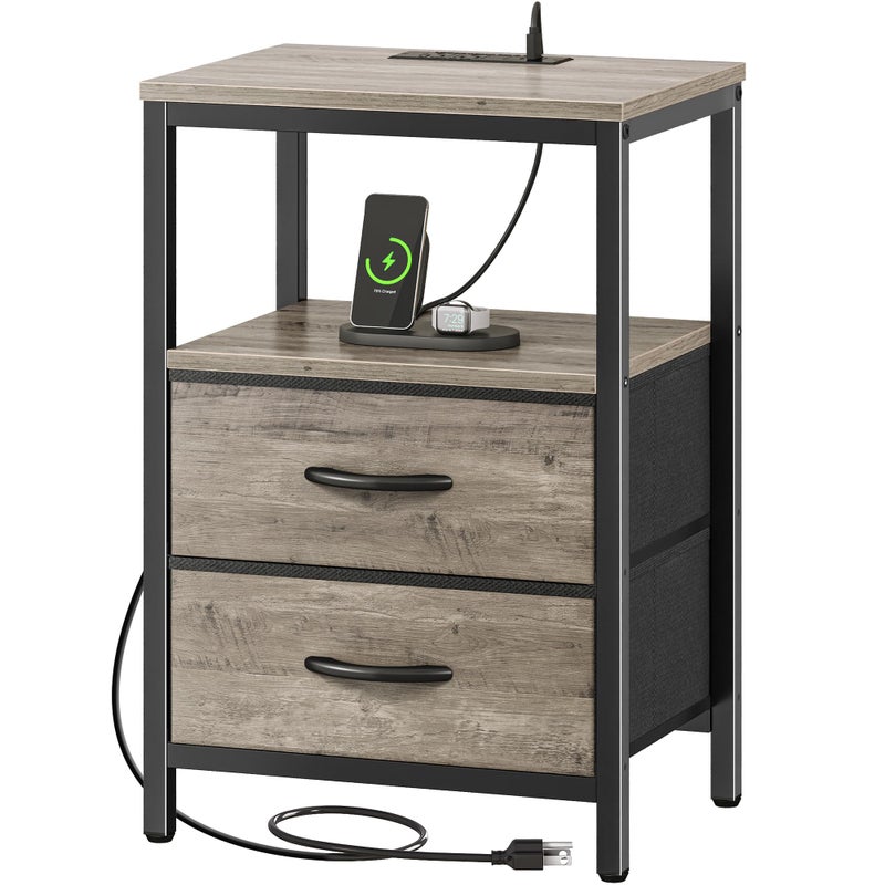 Huuger Nightstand with Charging Station, Fabric Drawers, End Table with Open Shelf, Bedside Table with USB Ports and Outlets, Night Stand for Bedroom, Oak - Image 1