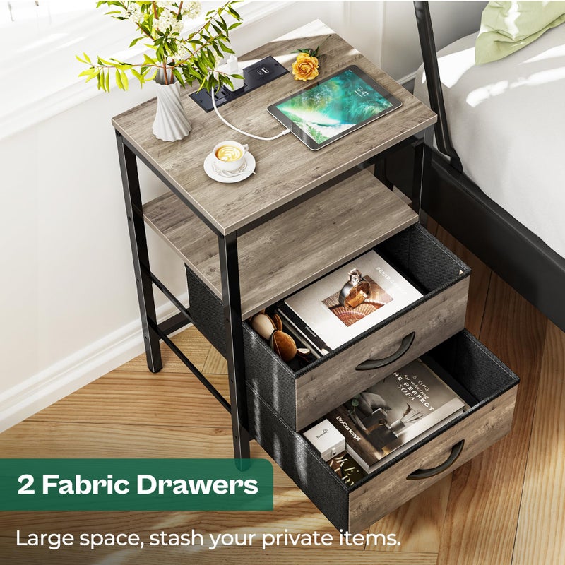 Huuger Nightstand with Charging Station, Fabric Drawers, End Table with Open Shelf, Bedside Table with USB Ports and Outlets, Night Stand for Bedroom, Oak - Image 4