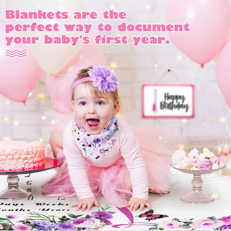 Chumia 6 Pcs Baby Monthly Milestone Blanket for Girl 60" x 40" Butterfly Milestone Blanket Age Photo Photography Backdrop with Newborn Calendar Growth Chart Bib Headband(Purple,Floral Pattern) - Image 4