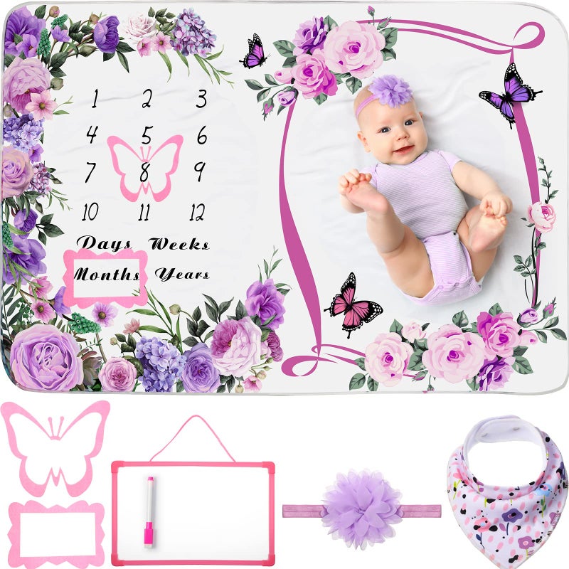Chumia 6 Pcs Baby Monthly Milestone Blanket for Girl 60" x 40" Butterfly Milestone Blanket Age Photo Photography Backdrop with Newborn Calendar Growth Chart Bib Headband(Purple,Floral Pattern) - Image 1