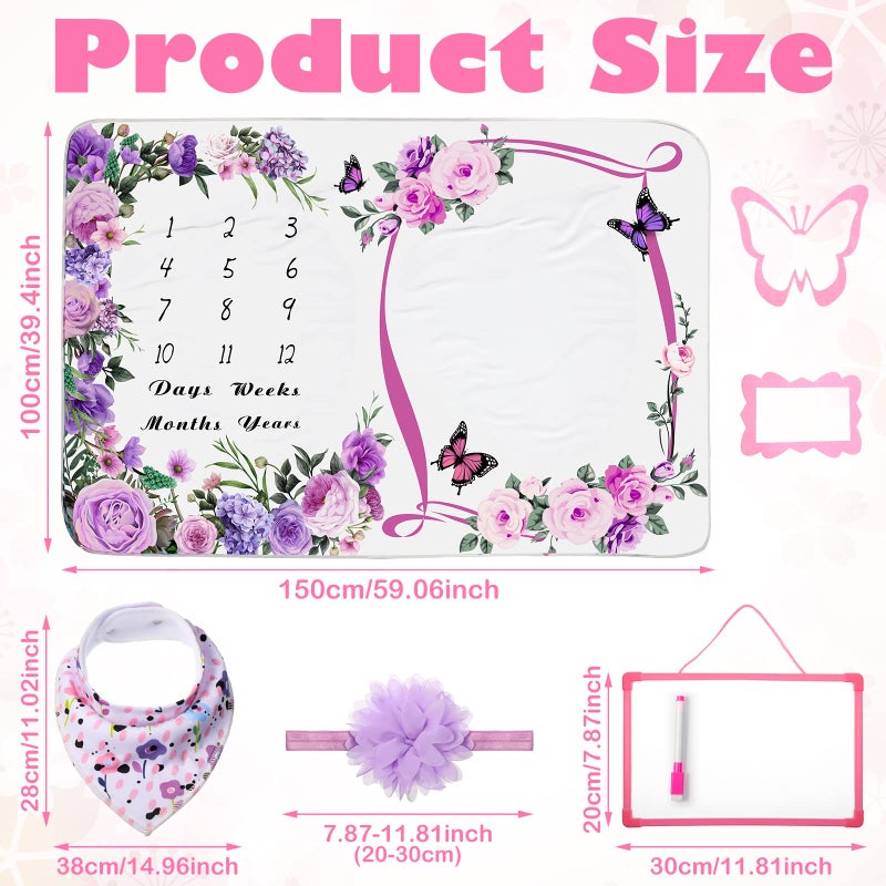 Chumia 6 Pcs Baby Monthly Milestone Blanket for Girl 60" x 40" Butterfly Milestone Blanket Age Photo Photography Backdrop with Newborn Calendar Growth Chart Bib Headband(Purple,Floral Pattern) - Image 2