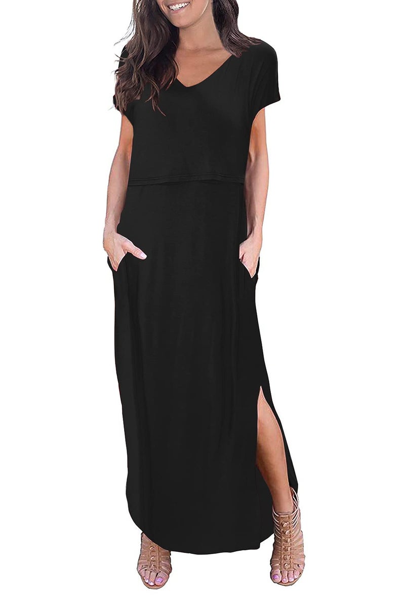 Smallshow Womens Maternity Nursing Dresses Split Long Dress for Breastfeeding Small Black
