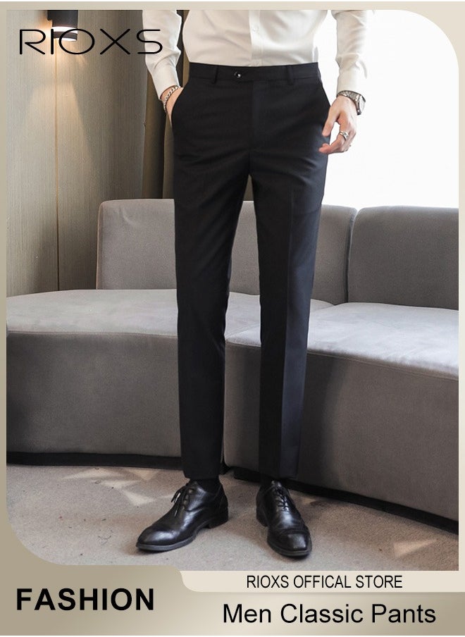 RIOXS - Men's Slim Fit Stretch Suit Pant, Comfy Trousers With Pockets, Mens Trendy Straight Leg Dress Pants, Regular Fit Pants For Men, Trousers For Office Gathering Meeting Business Daily Casual, Gift For Father Boyfriend Husband - Image 1