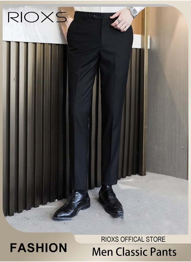 RIOXS - Men's Slim Fit Stretch Suit Pant, Comfy Trousers With Pockets, Mens Trendy Straight Leg Dress Pants, Regular Fit Pants For Men, Trousers For Office Gathering Meeting Business Daily Casual, Gift For Father Boyfriend Husband - Image 1
