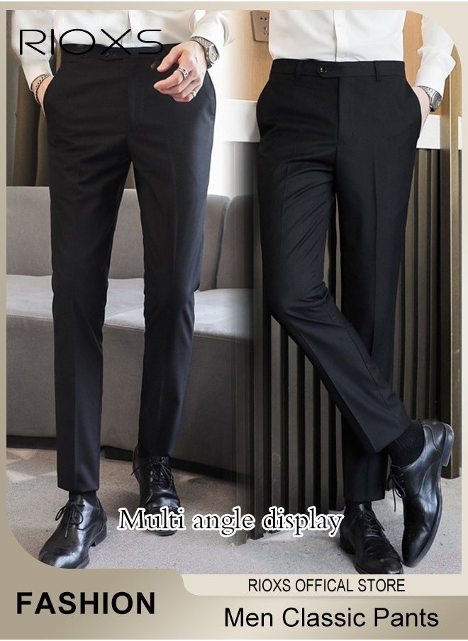 RIOXS - Men's Slim Fit Stretch Suit Pant, Comfy Trousers With Pockets, Mens Trendy Straight Leg Dress Pants, Regular Fit Pants For Men, Trousers For Office Gathering Meeting Business Daily Casual, Gift For Father Boyfriend Husband - Image 1
