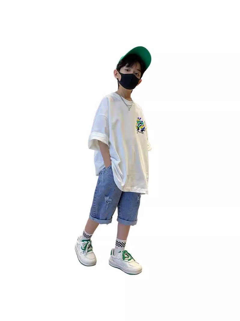 Boys' Short-Sleeved T-Shirt, Pure Cotton, Medium And Large Children'S Summer Clothing, 2026 New Trendy Brand, Summer Boys' White Half-Sleeved Children'S Clothing - Image 5