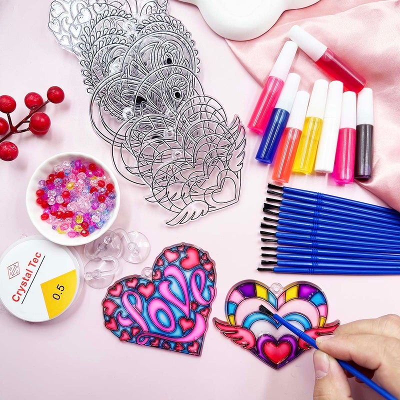 AUEKIV 30 Sets Valentine's Heart Suncatchers Craft DIY Kit Window Paint Art Suncatchers Valentine's Day Heart Sun Catcher Art Crafts Supplies for Valentine Gift Exchange Classroom Activities - Image 2