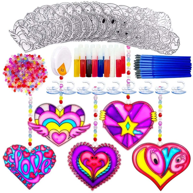 AUEKIV 30 Sets Valentine's Heart Suncatchers Craft DIY Kit Window Paint Art Suncatchers Valentine's Day Heart Sun Catcher Art Crafts Supplies for Valentine Gift Exchange Classroom Activities - Image 1