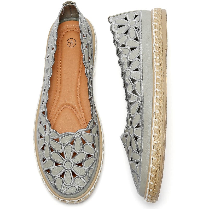 HEAWISH Womenâ€™s Ballet Flat Daisy Round Toe Dress Shoes Casual Slip On Rope Loafer(Grey, US6) - Image 1