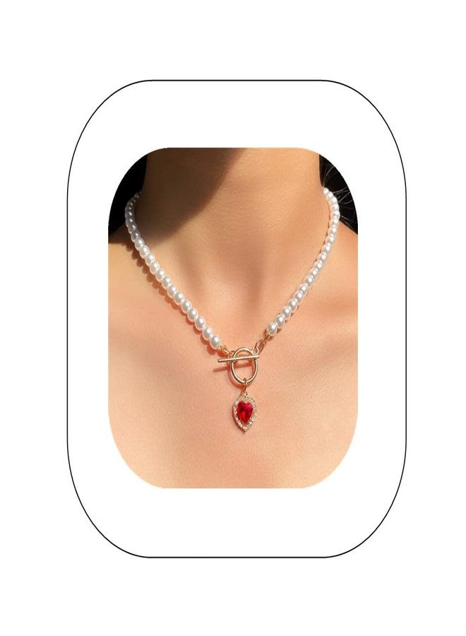 Asphire Vintage Pearl Necklace with Ruby Heart Pendant Elegant Bridal Crystal Gem Necklace Toggle Clasp Choker Necklace for Women Wedding Festival Gift - Image 1