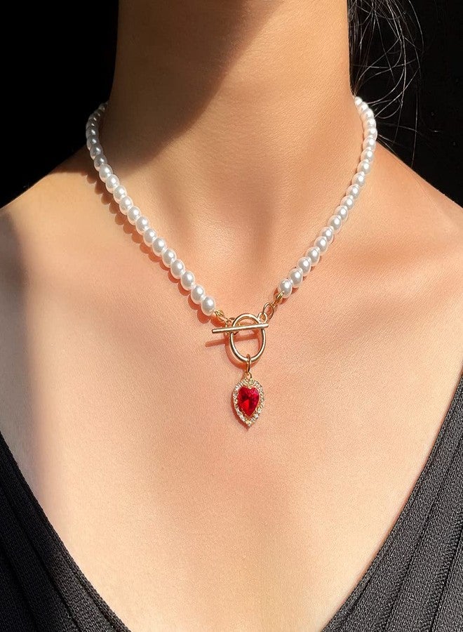 Asphire Vintage Pearl Necklace with Ruby Heart Pendant Elegant Bridal Crystal Gem Necklace Toggle Clasp Choker Necklace for Women Wedding Festival Gift - Image 2