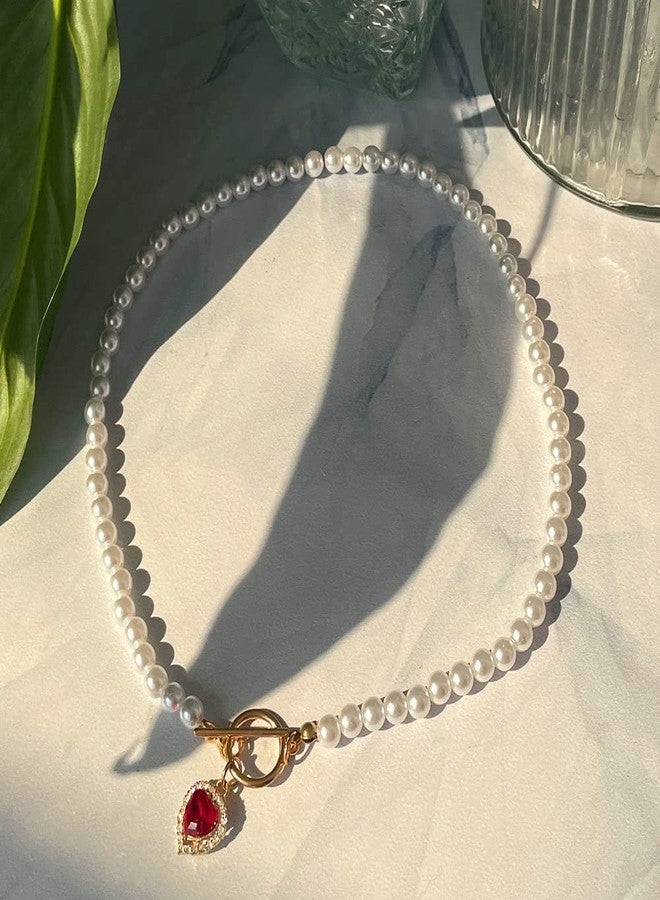 Asphire Vintage Pearl Necklace with Ruby Heart Pendant Elegant Bridal Crystal Gem Necklace Toggle Clasp Choker Necklace for Women Wedding Festival Gift - Image 3