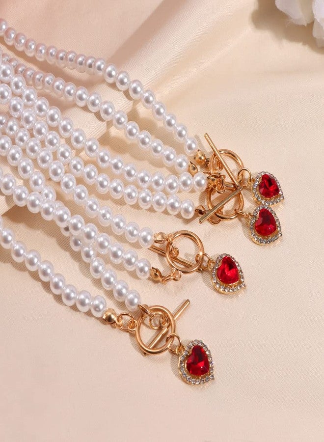 Asphire Vintage Pearl Necklace with Ruby Heart Pendant Elegant Bridal Crystal Gem Necklace Toggle Clasp Choker Necklace for Women Wedding Festival Gift - Image 5