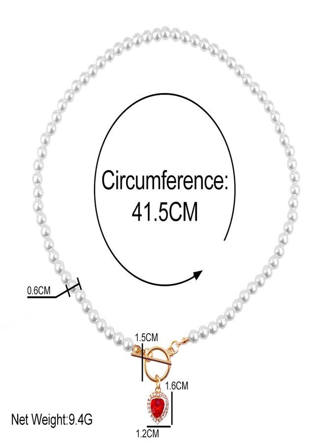 Asphire Vintage Pearl Necklace with Ruby Heart Pendant Elegant Bridal Crystal Gem Necklace Toggle Clasp Choker Necklace for Women Wedding Festival Gift - Image 4