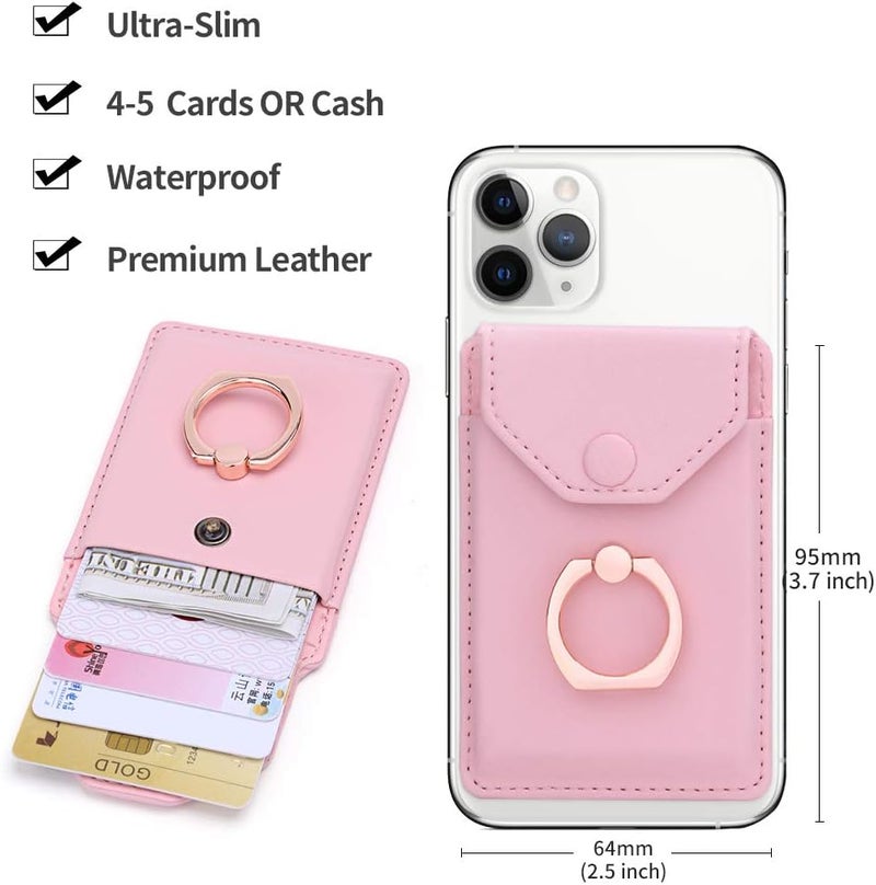 YUNCE Cell Phone Card Holder RFID Ring Stand Stick on Wallet Card Holder for Back of Phone iPhone Android and All Smartphones Adhesive Credit Card Holder Pink - Image 2