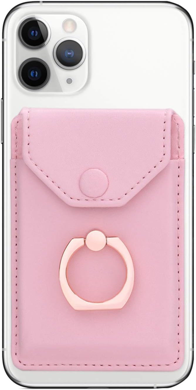 YUNCE Cell Phone Card Holder RFID Ring Stand Stick on Wallet Card Holder for Back of Phone iPhone Android and All Smartphones Adhesive Credit Card Holder Pink - Image 1