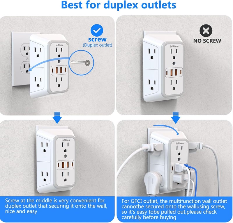 جهاز تمديد المقابس مع حماية من الصدمات الكهربائية - مقسم لـ 6 مقابس ويحتوي على 4 منافذ USB (2 من نوع USB-C)، شاحن حائطي متعدد المقابس، وشريط طاقة متعدد المقابس ذو ثلاثة أوجه للاستخدام في المنزل، المكتب، المطبخ أو أثناء السفر. - Image 4