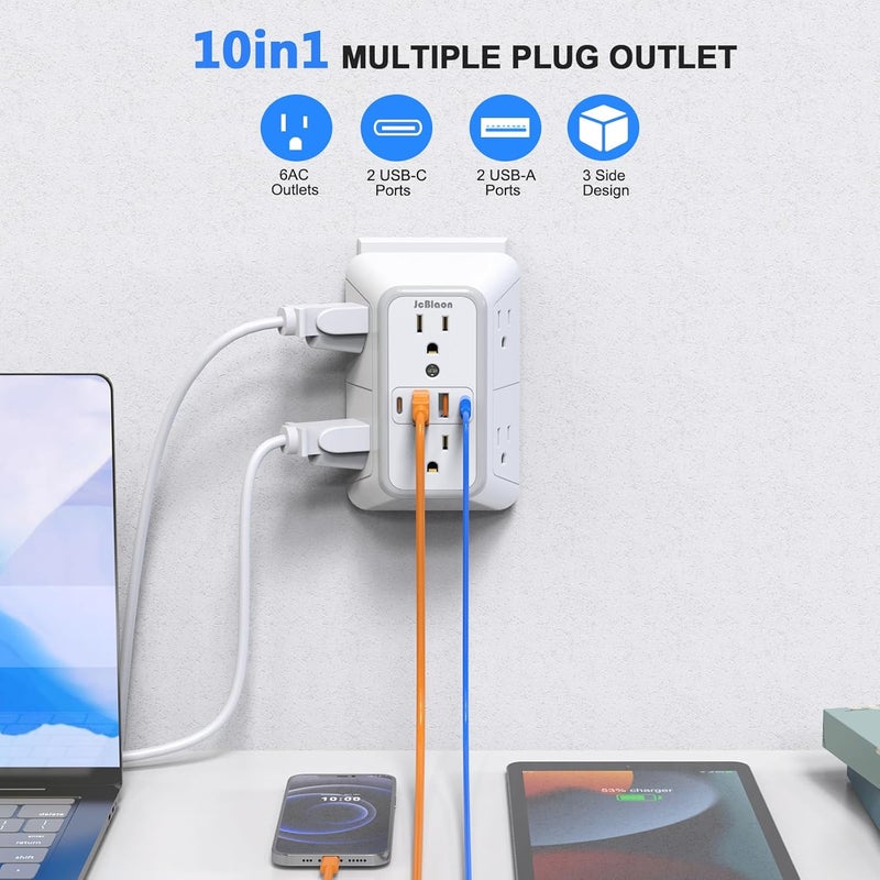 جهاز تمديد المقابس مع حماية من الصدمات الكهربائية - مقسم لـ 6 مقابس ويحتوي على 4 منافذ USB (2 من نوع USB-C)، شاحن حائطي متعدد المقابس، وشريط طاقة متعدد المقابس ذو ثلاثة أوجه للاستخدام في المنزل، المكتب، المطبخ أو أثناء السفر. - Image 2