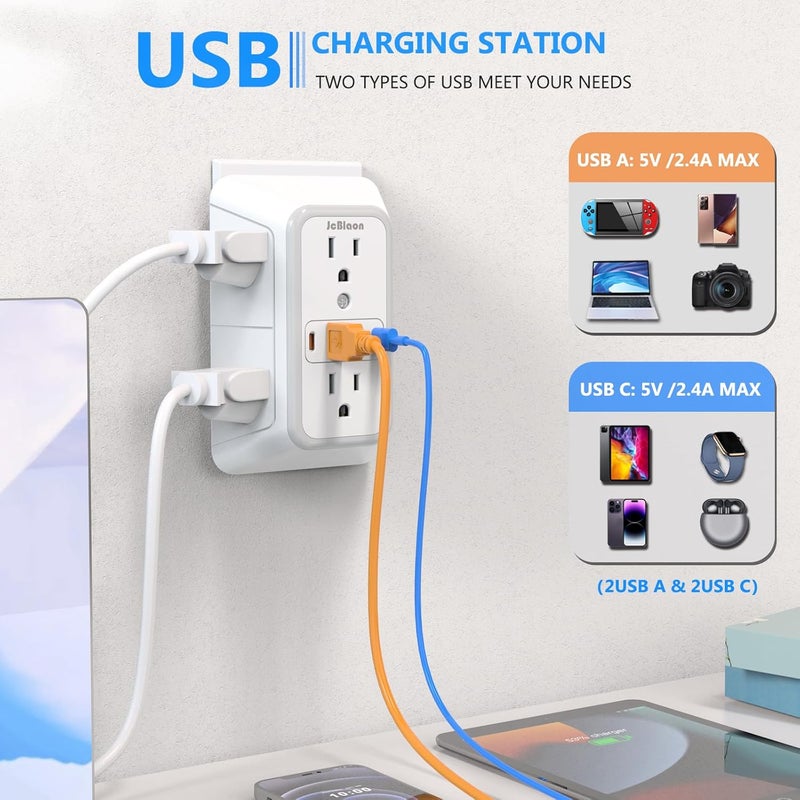 جهاز تمديد المقابس مع حماية من الصدمات الكهربائية - مقسم لـ 6 مقابس ويحتوي على 4 منافذ USB (2 من نوع USB-C)، شاحن حائطي متعدد المقابس، وشريط طاقة متعدد المقابس ذو ثلاثة أوجه للاستخدام في المنزل، المكتب، المطبخ أو أثناء السفر. - Image 3