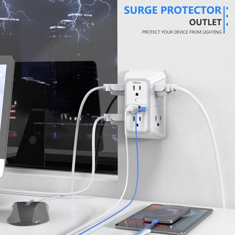 جهاز تمديد المقابس مع حماية من الصدمات الكهربائية - مقسم لـ 6 مقابس ويحتوي على 4 منافذ USB (2 من نوع USB-C)، شاحن حائطي متعدد المقابس، وشريط طاقة متعدد المقابس ذو ثلاثة أوجه للاستخدام في المنزل، المكتب، المطبخ أو أثناء السفر. - Image 5