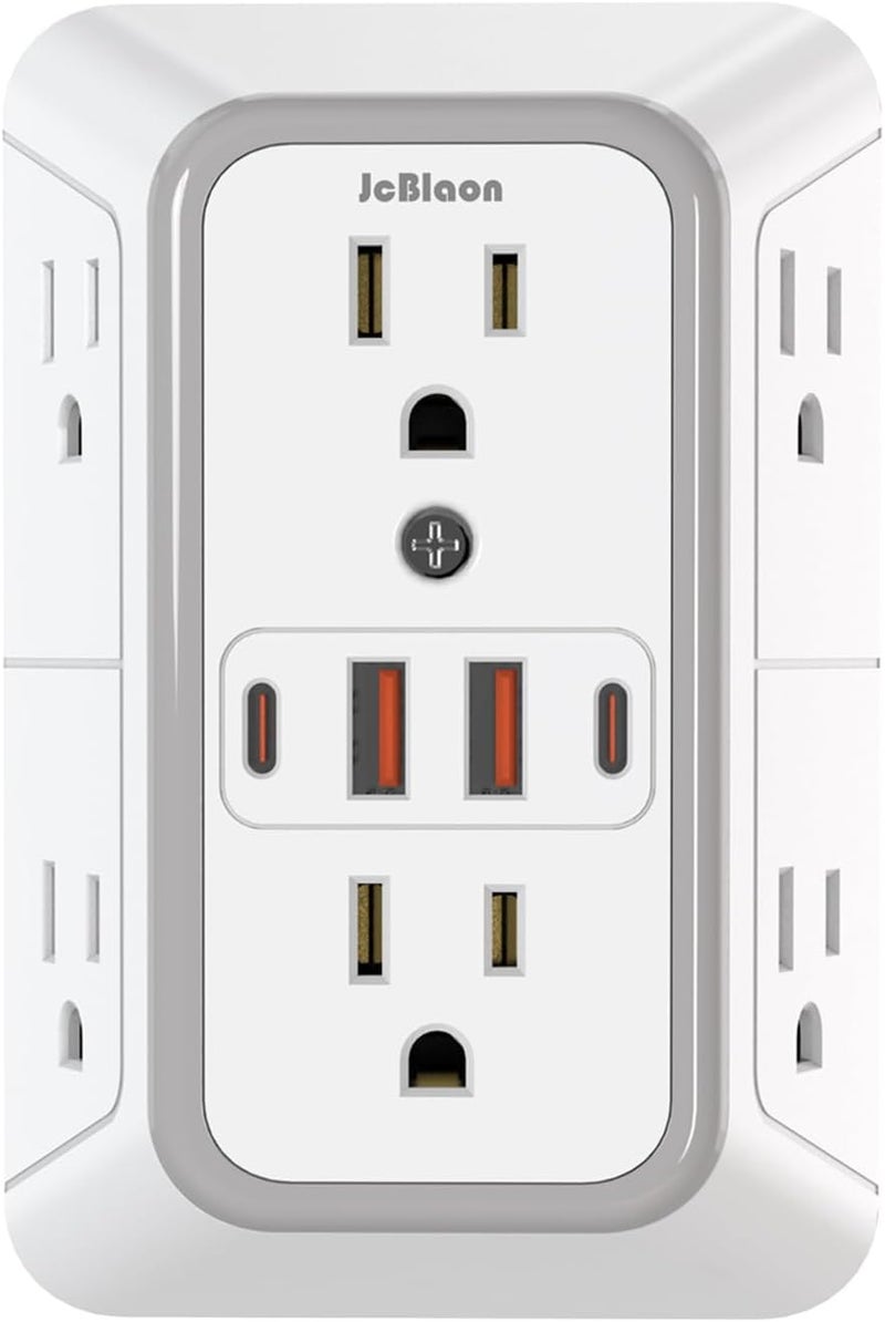جهاز تمديد المقابس مع حماية من الصدمات الكهربائية - مقسم لـ 6 مقابس ويحتوي على 4 منافذ USB (2 من نوع USB-C)، شاحن حائطي متعدد المقابس، وشريط طاقة متعدد المقابس ذو ثلاثة أوجه للاستخدام في المنزل، المكتب، المطبخ أو أثناء السفر. - Image 1