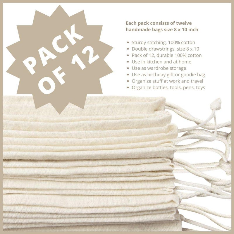 DR أكياس در 100% قطن موسلين بحبل سحب 12 حزمة للتخزين والهدايا - غير مبيضة (8 × 10 بوصة، بيج) - Image 3