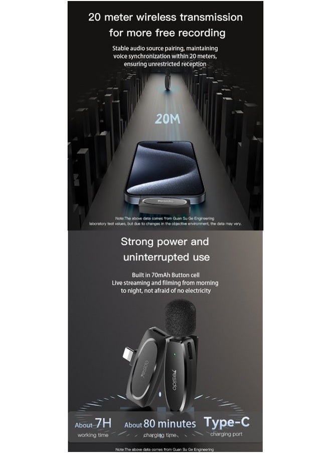Yesido - Dual Wireless Microphone, ip Connector, Yesido KR14 Black allows to achieve noise reduction - Image 1