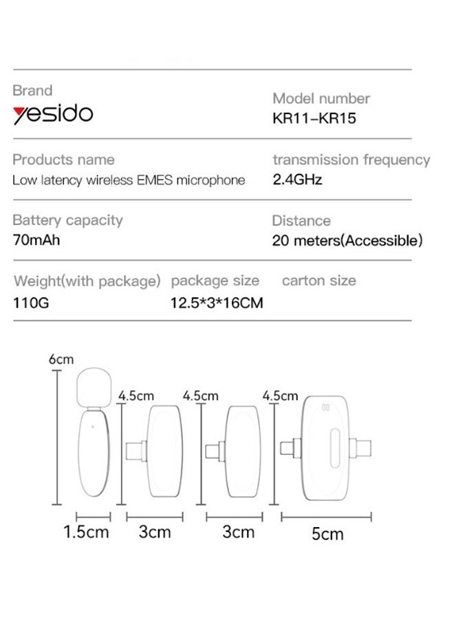 Yesido - Dual Wireless Microphone, ip Connector, Yesido KR14 Black allows to achieve noise reduction - Image 1