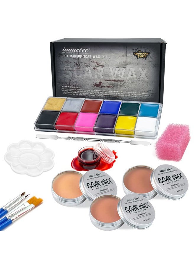 Immetee Scar Wax SFX Makeup Kit, Face & Body Paint, Christmas Halloween Makeup Kit, Fake Blood, Painting Brushes, Spatula, Stipple Sponge, Stage Theatrical Party Cosplay, Carnival  - Image 1