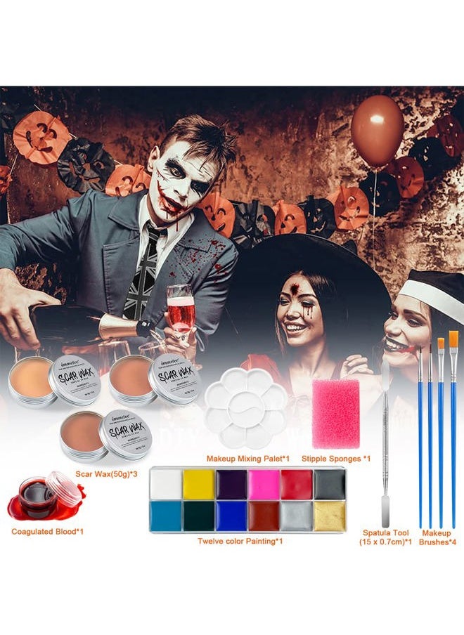 Immetee Scar Wax SFX Makeup Kit, Face & Body Paint, Christmas Halloween Makeup Kit, Fake Blood, Painting Brushes, Spatula, Stipple Sponge, Stage Theatrical Party Cosplay, Carnival  - Image 2