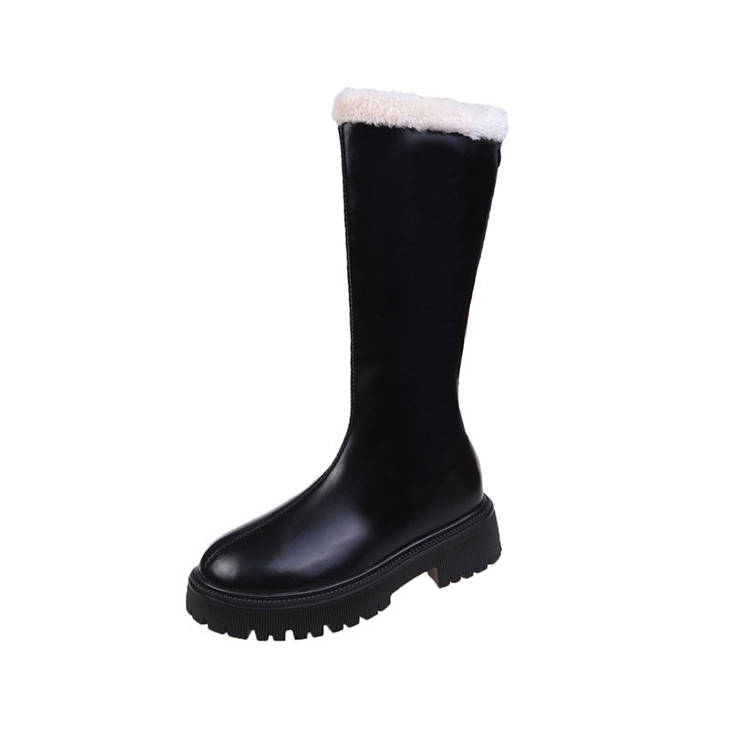 Thickened Boots Women'S Style Fashion Fleece-Lined Rear Zipper Burr Mouth Knight Boots Women - Image 1