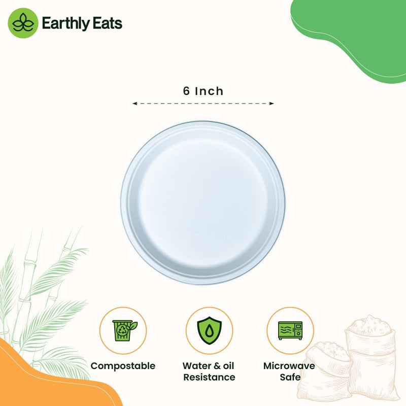 Earthly Eats 6 inch 50 Pack Disposable Bagasse Plates EcoFriendly Biodegradable Sugarcane Bagasse Plates for Serving Snacks Dinner Birthday Wedding Party Round White - Image 2