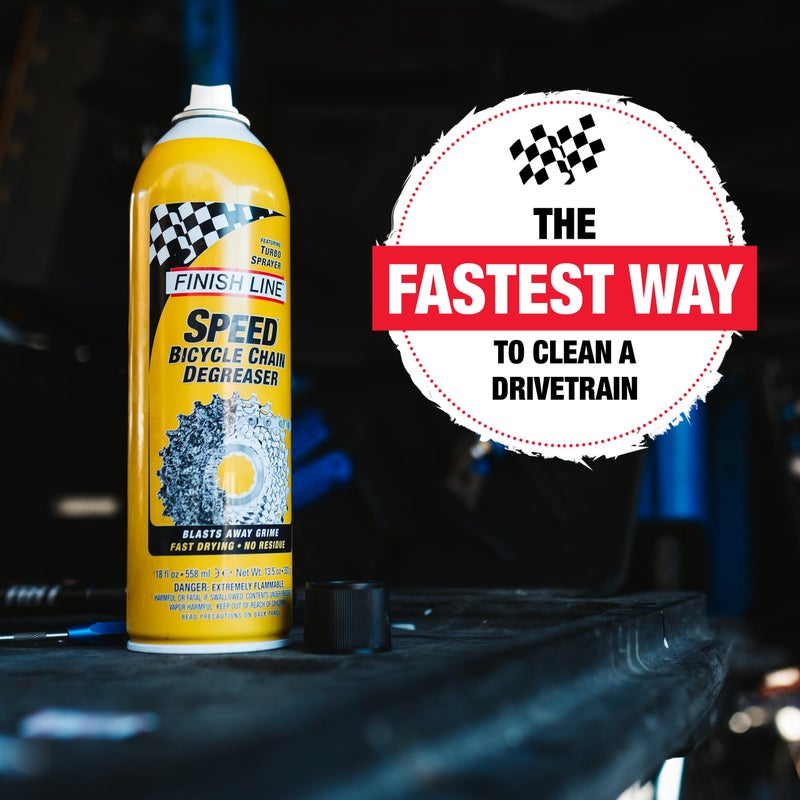 Finish Line Speed Bike Degreaser â€“ Powerful Dry Formula for Bicycle Chains, Gears, and Disc Brakes, Turbo Spray Cleans Fast, Evaporates with No Residue, 18 oz - Image 1