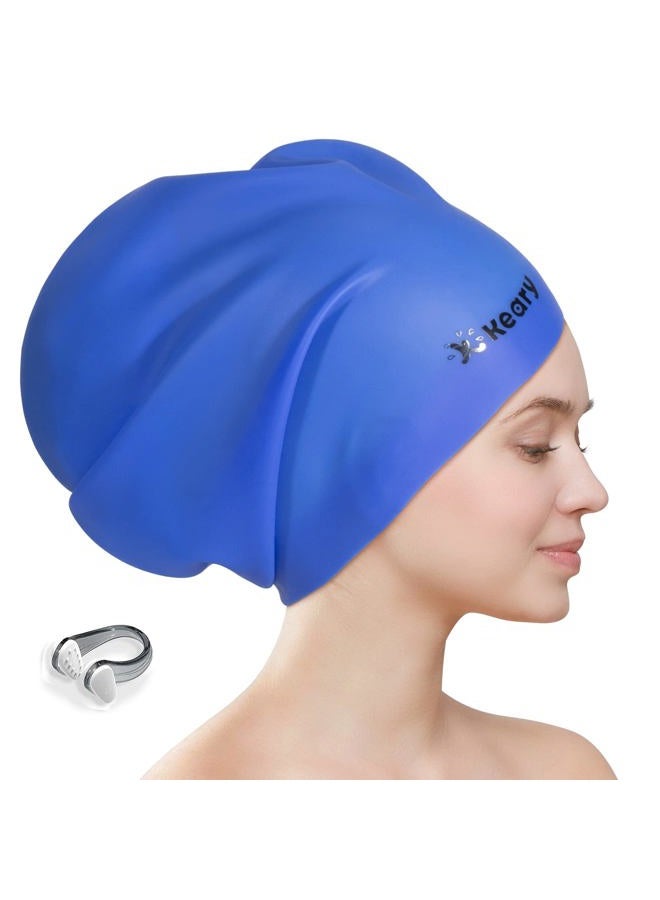 Keary Extra Large Swim Cap for Braids and Dreadlocks Afro Hair Extensions Weave Long Hair, Waterproof Silicone Cover Ear Bath Pool Shower Swimming Cap for Adult Youth Men Women Girl to Keep Hair Dry, Blue - Image 1