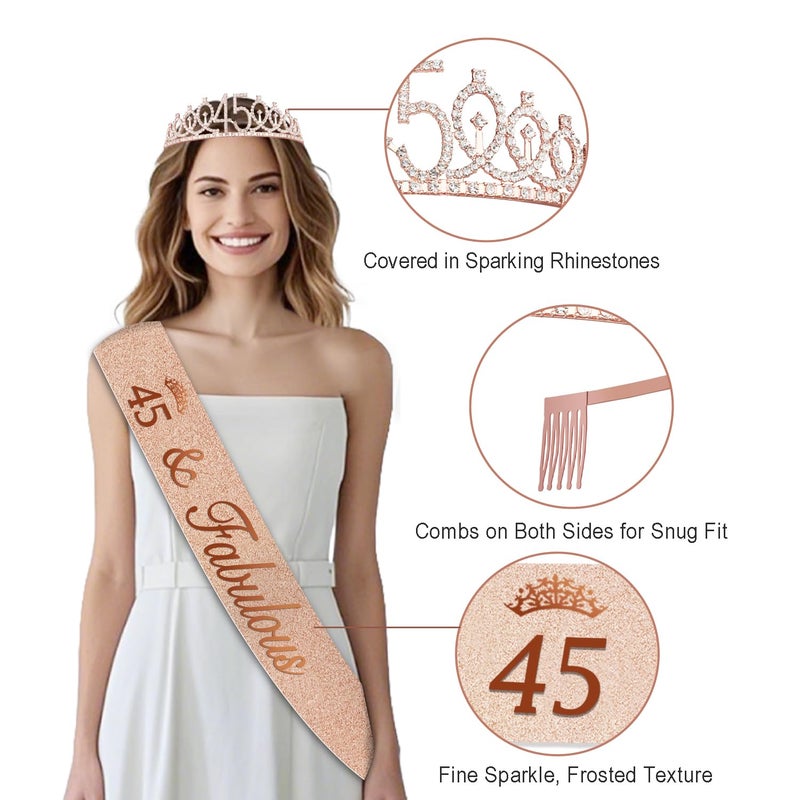 Juesly 45th Birthday Decorations for Women,32PCS 45th Birthday Party Decorations,Including Backdrop, Crown, Sash, banner, Hanging Swirl,Cake Topper,Paper Fans,balloons and Anniversary Card - Image 3