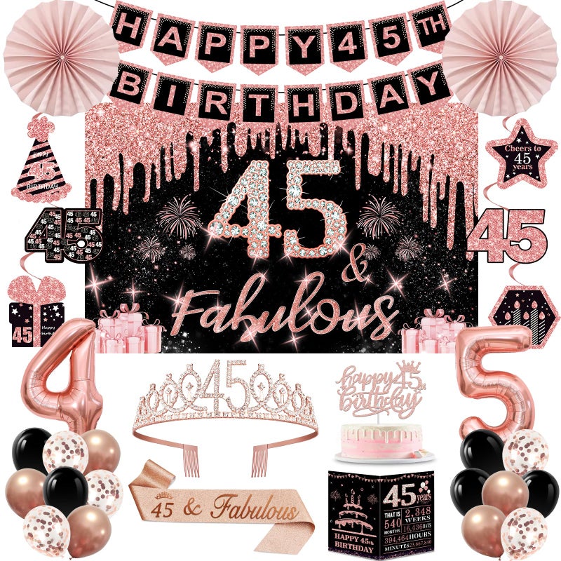 Juesly 45th Birthday Decorations for Women,32PCS 45th Birthday Party Decorations,Including Backdrop, Crown, Sash, banner, Hanging Swirl,Cake Topper,Paper Fans,balloons and Anniversary Card - Image 1
