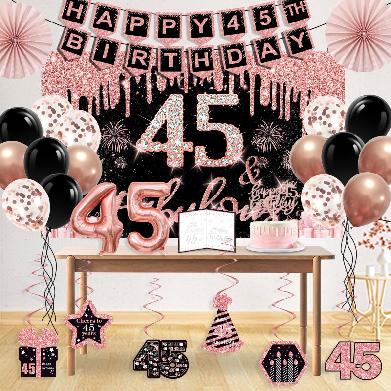 Juesly 45th Birthday Decorations for Women,32PCS 45th Birthday Party Decorations,Including Backdrop, Crown, Sash, banner, Hanging Swirl,Cake Topper,Paper Fans,balloons and Anniversary Card - Image 4