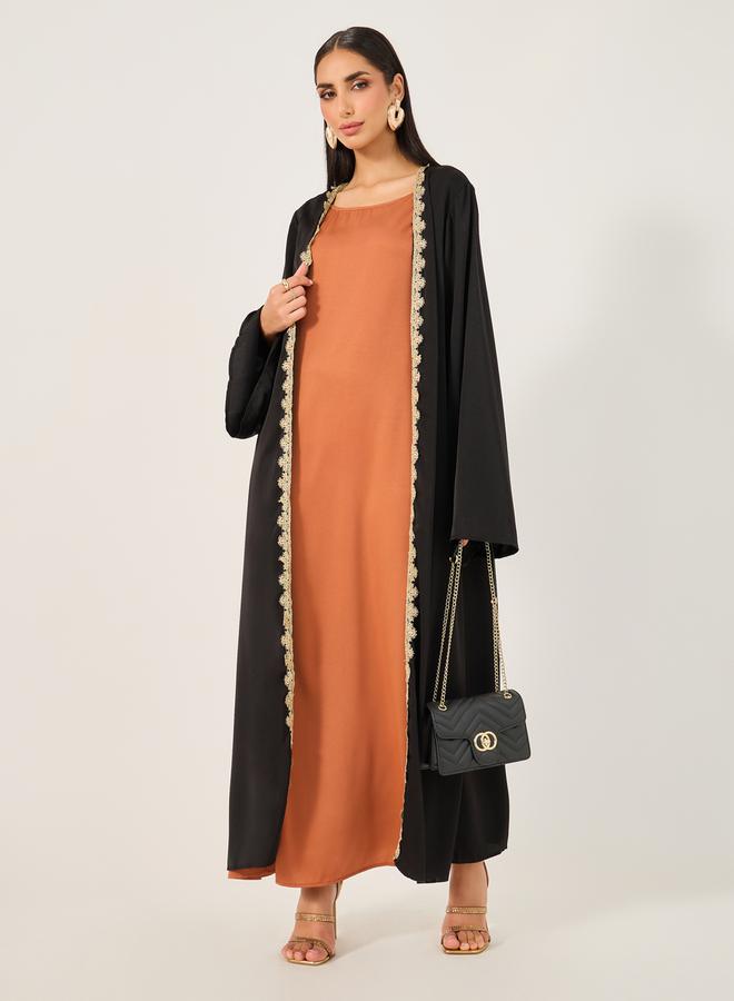 Take Two Solid Lace Detail Abaya with Round Neck Sleeveless Inner Dress Set by Styli  - Image 1