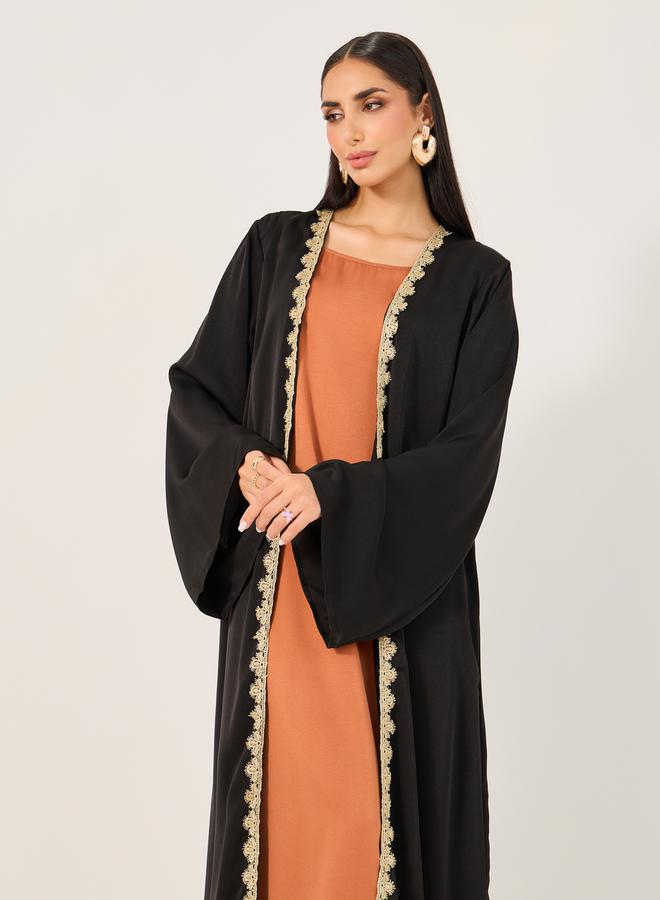 Take Two Solid Lace Detail Abaya with Round Neck Sleeveless Inner Dress Set by Styli  - Image 3