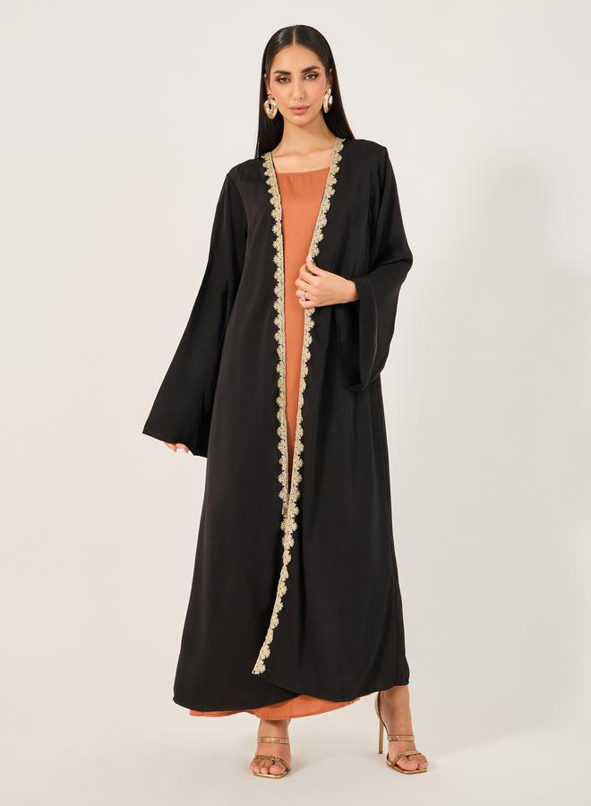 Take Two Solid Lace Detail Abaya with Round Neck Sleeveless Inner Dress Set by Styli  - Image 2
